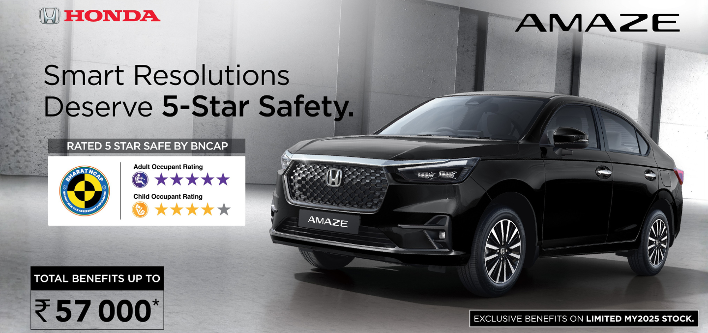 Honda Amaze 5-Star safety rated sedan with benefits up to ₹57,000 at Crown Honda dealerships in Delhi, Noida, and Ghaziabad.