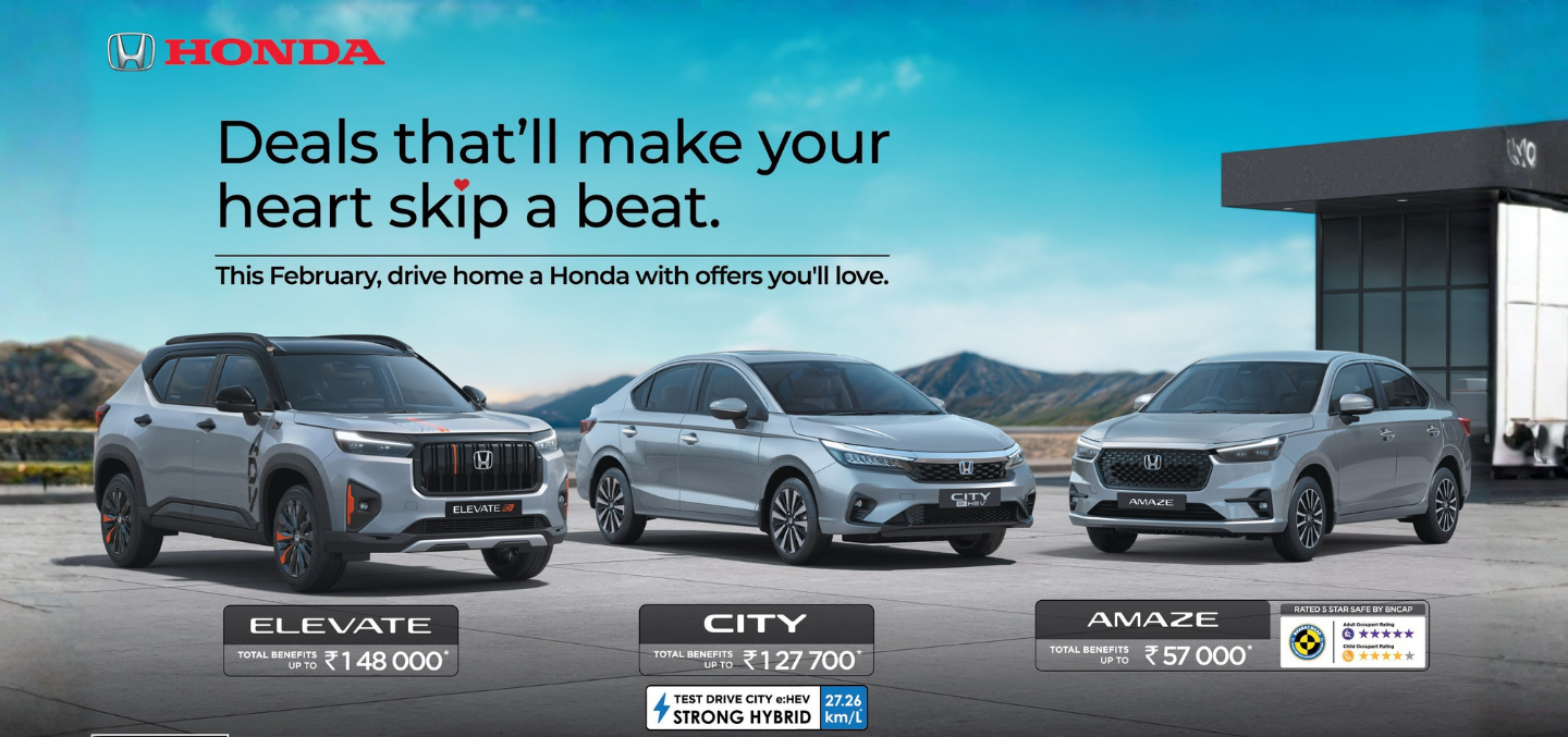 Crown Honda February offers on Honda Elevate, Honda City, and Honda Amaze with special benefits in Delhi NCR.