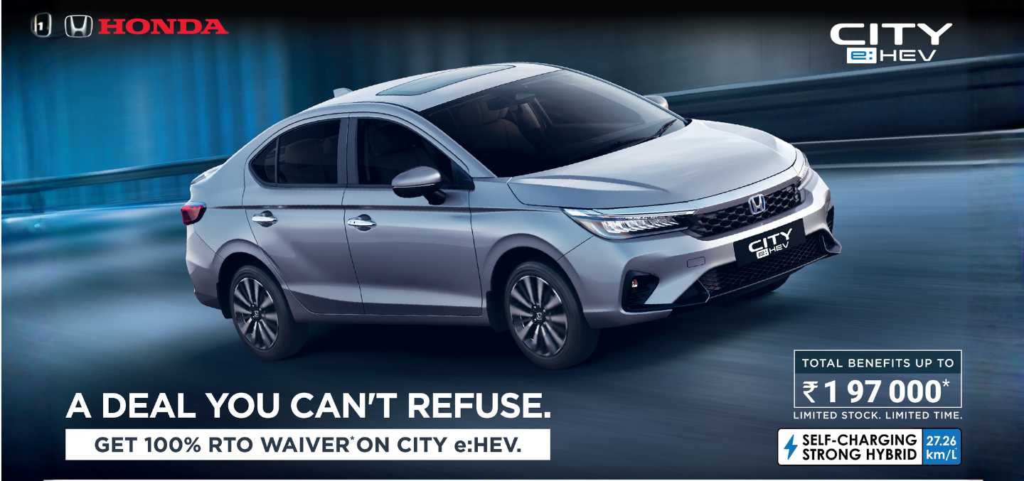 Honda City e:HEV Strong Hybrid with 100% RTO waiver offer and benefits up to ₹1,97,000 at Crown Honda Delhi, Noida, and Ghaziabad.